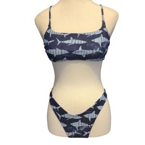 Aerie Shark Print Bikini Set Size M Blue Criss Cross Back High Cut Bottom